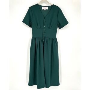 JESSAKAE Folklore Dark Green Midi Dress Size S Fit & Flare Gold Buttons